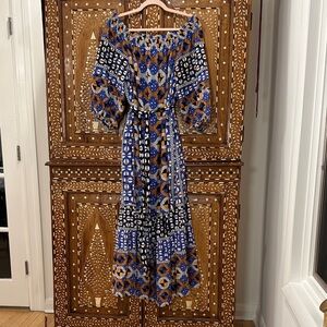 Anthropologie Blue and Brown Long Sleeve Dress